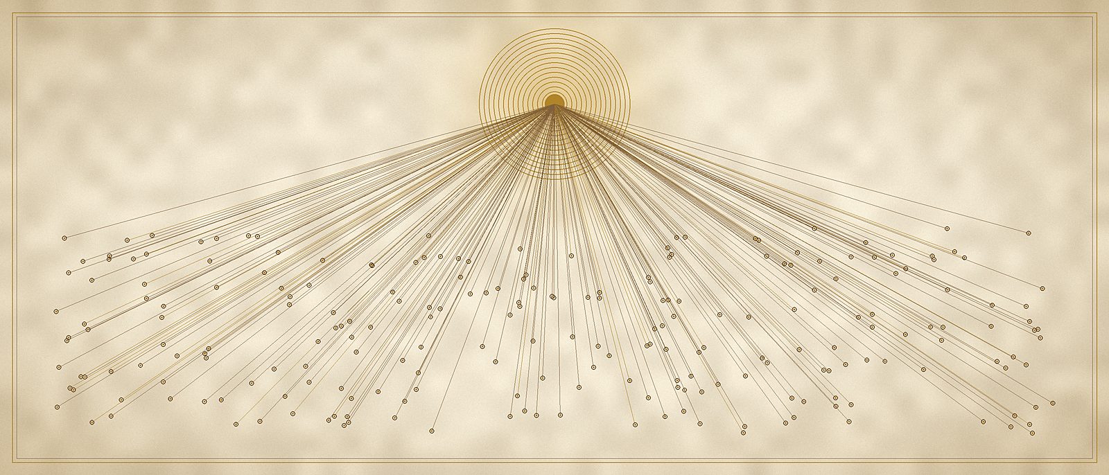 A radiant golden source above a field of points, each joined to it by a fine line