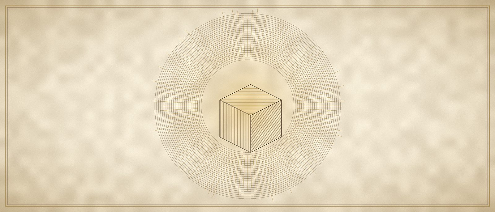A single engraved cube held at the centre of concentric rings of the one mind